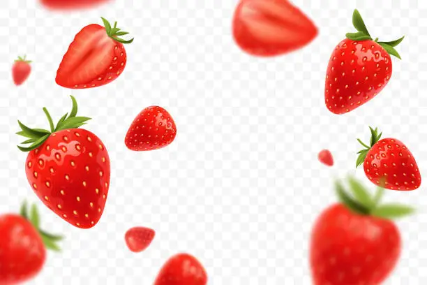 Vector illustration of Falling juicy ripe strawberry with green leaves isolated on transparent background. Flying defocusing strawberry berries. Applicable for juice advertising. Vector illustration.