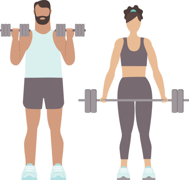 ilustraciones, imágenes clip art, dibujos animados e iconos de stock de fit hombre y mujer entrenando con barbell en el gimnasio. entrenamiento físico. - health club gym young men dumbbell