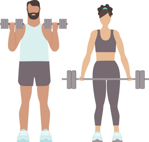 ilustrações de stock, clip art, desenhos animados e ícones de fit man and woman training with barbell in gym. fitness workout. - health club gym young men dumbbell