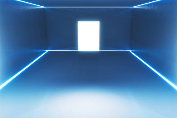 istock Modern blue gallery interior with blank open door. 1238297850