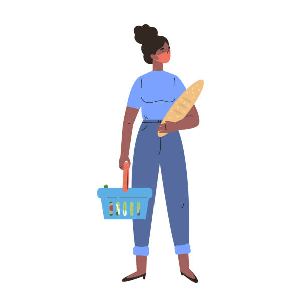 ilustrações de stock, clip art, desenhos animados e ícones de african american woman shopping in a mask - shopping mask