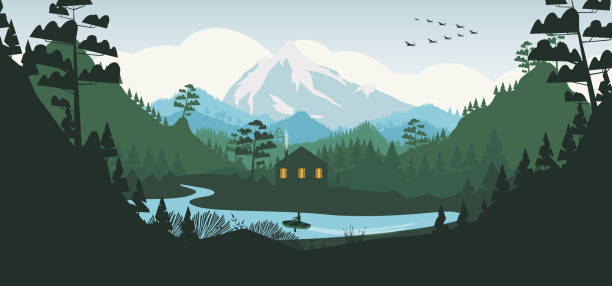 House in a pine forest, and mountains House in a pine forest, and mountains log cabin vector stock illustrations