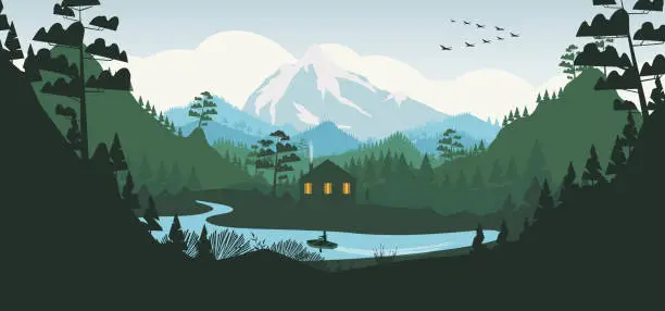 Vector illustration of House in a pine forest, and mountains