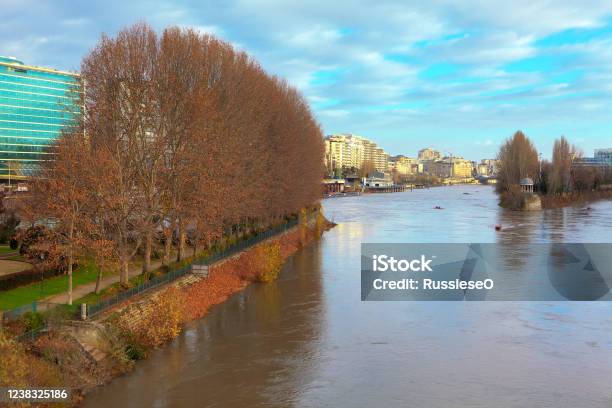 View Of Courbevoie Commune And Seine River Stock Photo - Download Image Now - Architecture, Autumn, Building Exterior