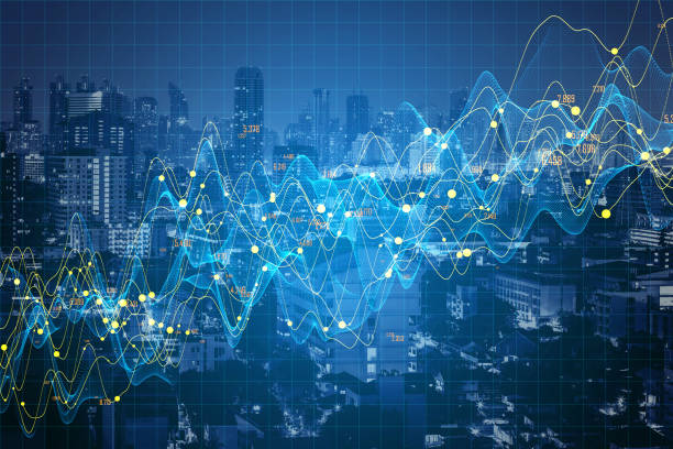 istock Glowing stock chart on blurry city background. 1238328851