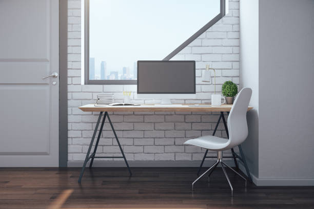 istock Clean workplace in home office with accessories 1238329364