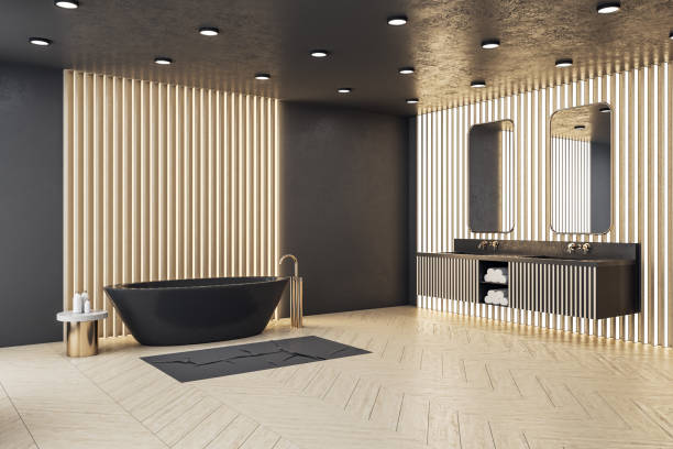 istock Contemporary bathroom room with decorative wooden wall 1238331987