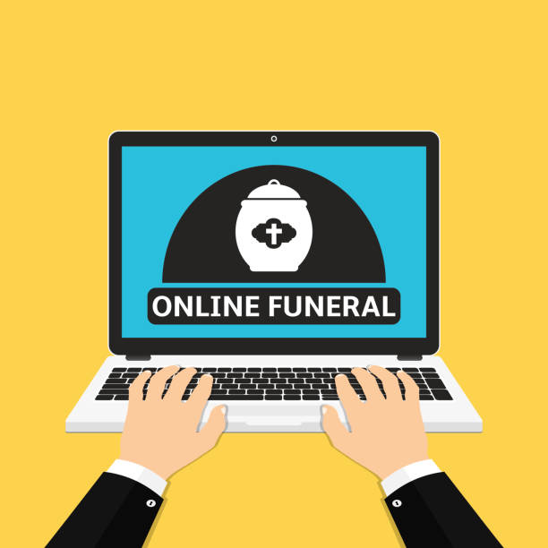 ilustraciones, imágenes clip art, dibujos animados e iconos de stock de servicio funerario en línea en la pantalla del ordenador portátil. manos en el portátil. ilustración vectorial. - religious icon computer keyboard computer technology