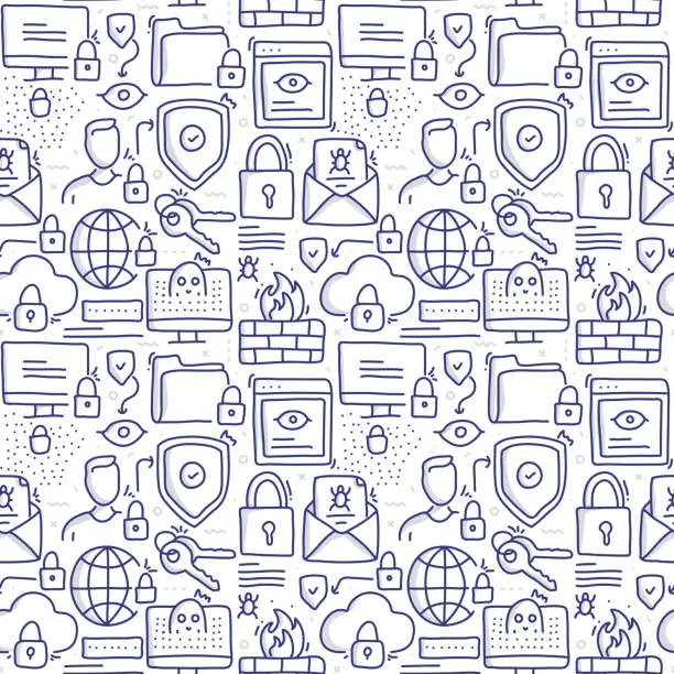 Vector illustration of Cyber Security Doodle Seamless Pattern and Line Icons