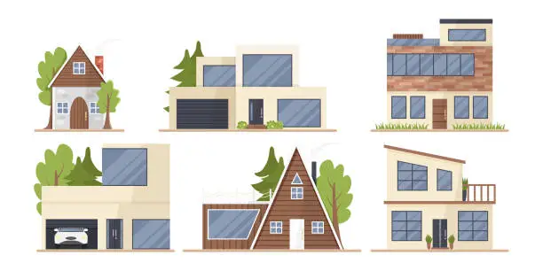 Vector illustration of Vector set of cute houses in cartoon flat style