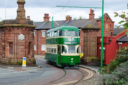 Birkenhead, UK: Oct 1, 2017: A tram carries passengers on the Heritage Tramway to the Woodside Ferry Terminal on the open day of Wirral Transport Museum