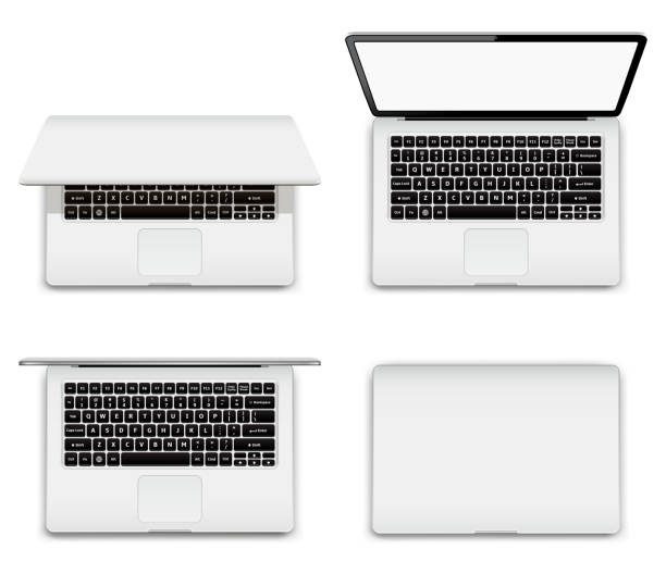 illustrations, cliparts, dessins animés et icônes de ordinateur portable isolé avec l’écran ouvert et fermé sur le fond blanc - close up