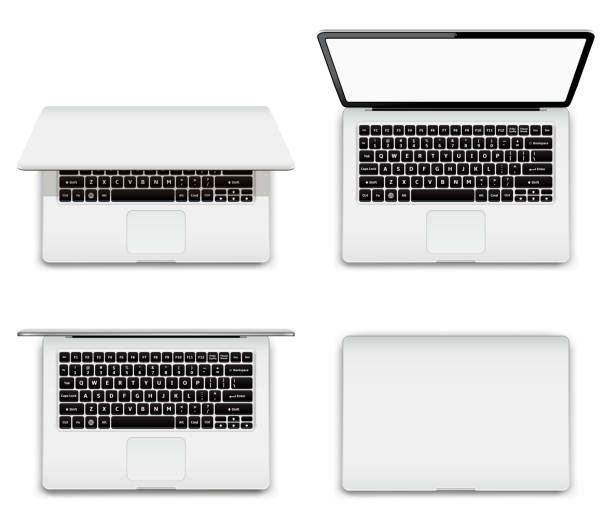 Isolated laptop with open and closed screen on white background Modern laptop fully opened , partially opened and closed screen. Vector illustration. shut up stock illustrations