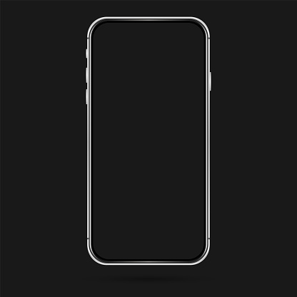 Isolated empty cell phone mockup. Silver phone on the dark background. Silver phone on the black background.