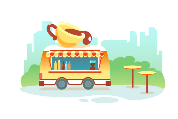 кофейный грузовик в парке на фоне города. кофе пойти кафе на колесах наружной вектор изолированной иллюстрацией. трейлер фильма "уличное пи - cafe coffee shop sidewalk cafe menu stock illustrations