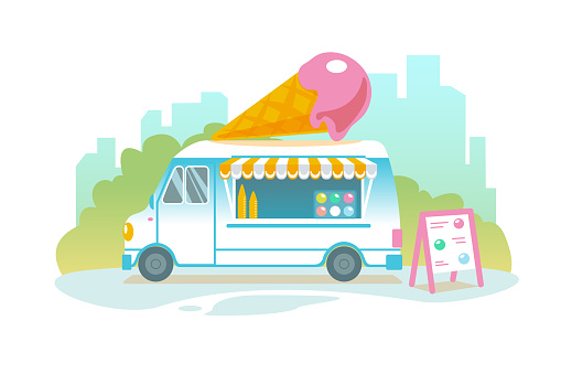 Blue ice cream truck in retro style on cityscape. Popsicle wheeled cafe banner design. Ice car cartoon illustration. Isolated sweet cart in Flat vector landscape. Icecream food delivery banner