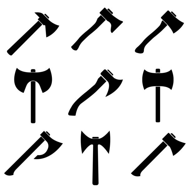 ikona zestawu topór, logo izolowane na białym tle - handle axe work tool wood stock illustrations