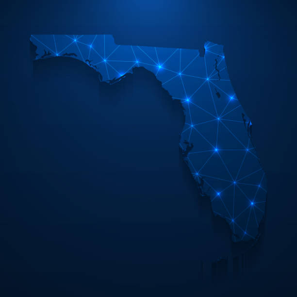 Florida map network - Bright mesh on dark blue background Map of Florida created with a mesh of thin bright blue lines and glowing dots, isolated on a dark blue background. Conceptual illustration of networks (communication, social, internet, ...). Vector Illustration (EPS10, well layered and grouped). Easy to edit, manipulate, resize or colorize. florida us state stock illustrations