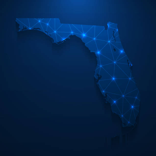 Florida map network - Bright mesh on dark blue background Map of Florida created with a mesh of thin bright blue lines and glowing dots, isolated on a dark blue background. Conceptual illustration of networks (communication, social, internet, ...). Vector Illustration (EPS10, well layered and grouped). Easy to edit, manipulate, resize or colorize. jacksonville symbol stock illustrations