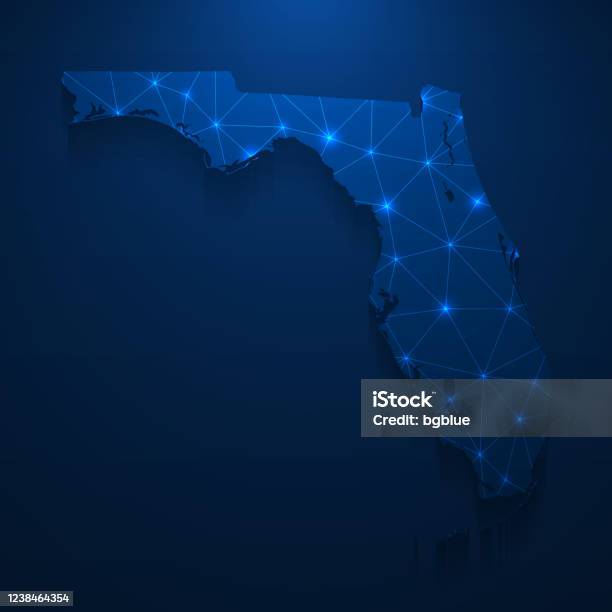 Florida Map Network Bright Mesh On Dark Blue Background Stock Illustration - Download Image Now