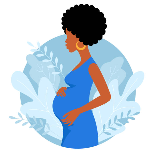 Afro American pregnant woman Afro American pregnant woman holds her belly. Decorated beautiful leaves. Decorated beautiful leaves.Vector illustration. african american woman stock illustrations