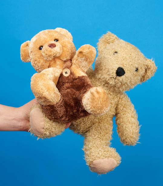 istock female hand hold a small brown toy teddy bear on a blue background 1238510527