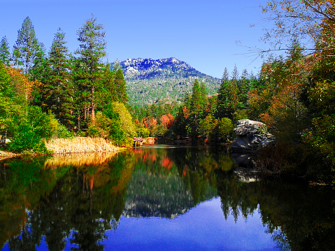 View of Foster Lake and the San Jacinto Mountains in the background in San Jacinto State Park in California - United States near the town of Idyllwild.