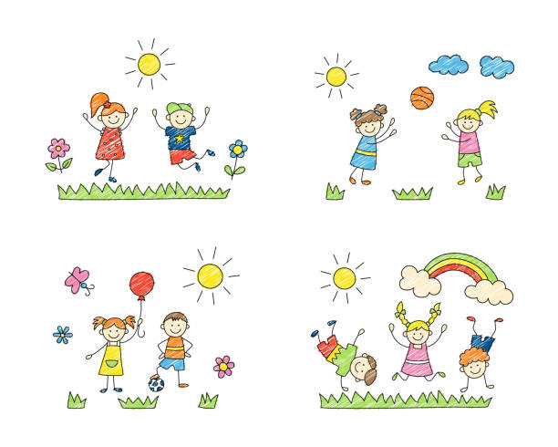счастливые дети играют на траве. симпатичные каракули детей, мальчиков и девочек. - rainbow preschooler baby child stock illustrations