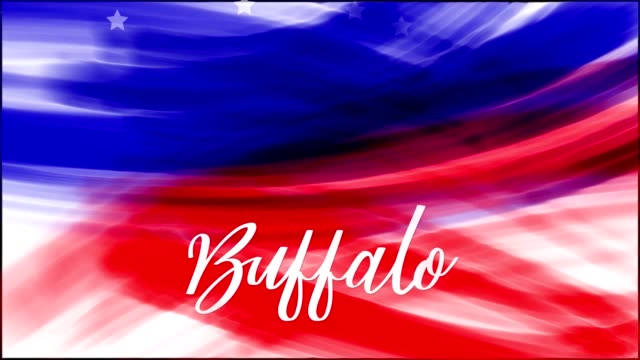 Animation. Buffalo. Background of USA flag abstract grunge drawing. Blue, red watercolor stripes, falling white stars. Template for USA national holiday banner, greeting card, invitation, poster, flyer, etc