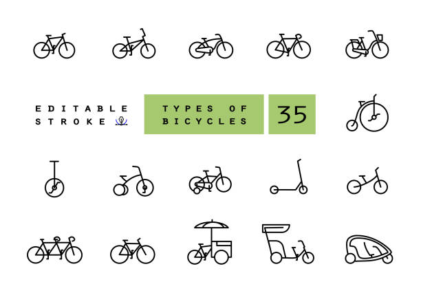 ilustrações de stock, clip art, desenhos animados e ícones de bicycle types vector linear icons set. outline symbols pack with editable stroke. collection of simple 16 bicycle types icons isolated contour illustrations. bmx, touring, dirt, female bike. - bmx cycling illustrations