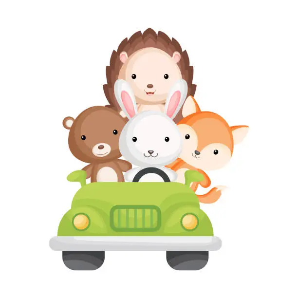 Vector illustration of Cute rabbit, bear, fox and hedgehog travel in green car. Graphic element for childrens book, album, scrapbook, postcard, mobile game. Zoo theme.