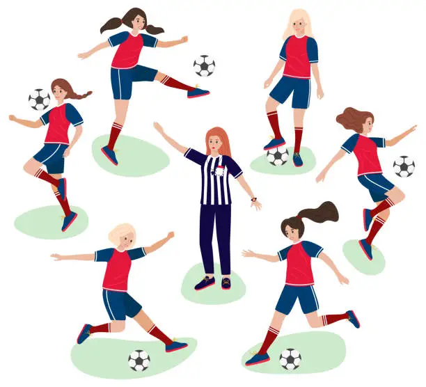 Vector illustration of Girls playing in football and woman referee in judge uniform - flat cartoon stile. Vector stock illustration - group of young female soccer player make sports movement in a game of shots, tricks