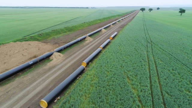 Aerial view over the South Stream pipeline LNG oil gas equipment. A construction site of a natural gas plant.