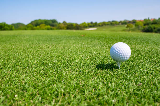 istock Golf Course with golf ball. Golf course with a rich green turf beautiful scenery. 1238626613