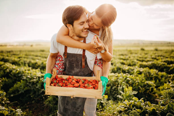 istock Couple having fun in strawberry filed 1238641347