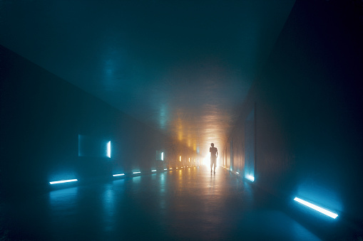 Woman walking in dark tunnel, 3D generated image.