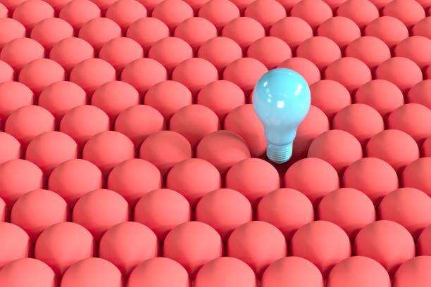 istock Outstanding Blue Light bulb floating among red light bulbs from top view. Creative Concept idea. 3D Render. 1238685662