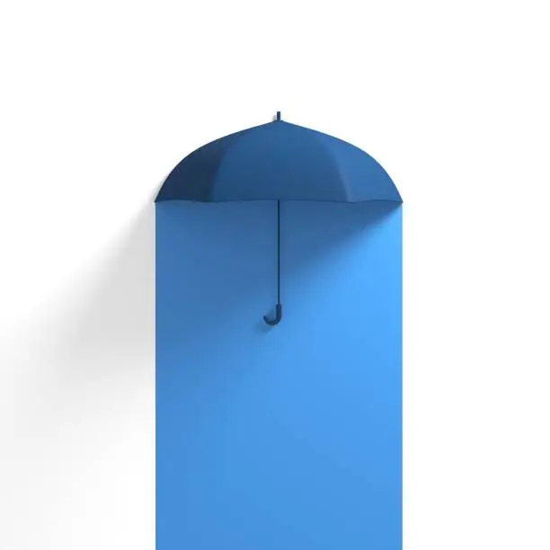 Photo of Blue Umbrella Floating on Blue half White color background. 3D Concept Creative Idea.