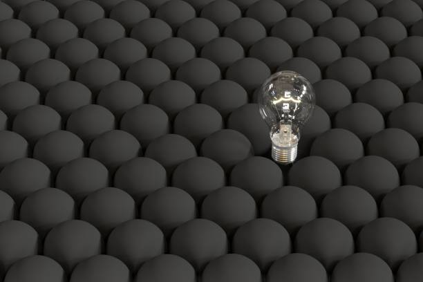 istock Outstanding Light bulb on floating among black light bulbs from top view. Creative Concept idea. 3D Render. 1238702251
