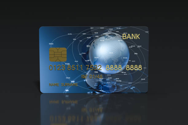 istock Blue bank card with dark background, 3d rendering. 1238712882