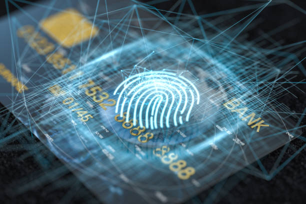 bank card with fingerprint tech concept glowing lines, 3d rendering. - biometrics imagens e fotografias de stock