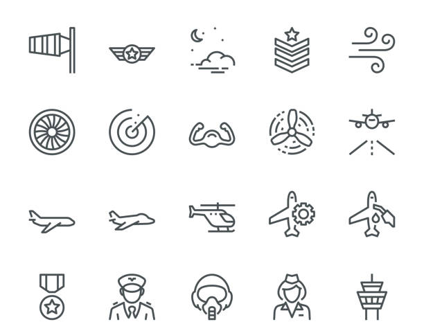 Aviation Icons. Aviation Icons,  Monoline concept
The icons were created on a 48x48 pixel aligned, perfect grid providing a clean and crisp appearance. Adjustable stroke weight. pilot icon stock illustrations