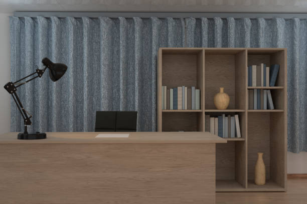 istock Private work place with wooden desk and decorative lamp, 3d rendering. 1238765319