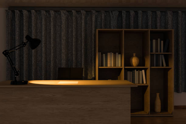 istock Private work place with wooden desk at night, 3d rendering. 1238765322