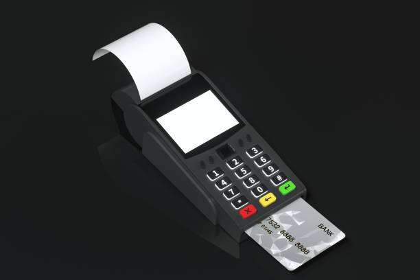 istock Swiping the POS machine, black background, 3d rendering. 1238781220