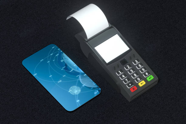 istock POS machine and mobile phone with fingerprint identification, 3d rendering. 1238781740