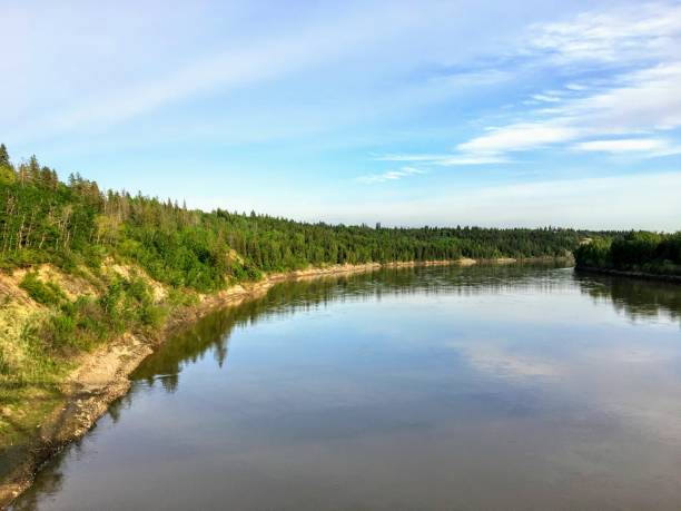 una hermosa foto de un hermoso río de color azul rodeado de bosque verde.  este es el río saskatchewan del norte, en edmonton, alberta, canadá. - north saskatchewan river fotografías e imágenes de stock