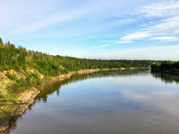 une belle photo d’une magnifique rivière de couleur bleue entourée de forêt verte.  il s’agit de la rivière saskatchewan nord, à edmonton, en alberta, au canada. - north saskatchewan river photos et images de collection