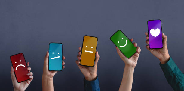 Customer Experiences Concept. Group of Diversity People Giving Feedback via Mobile Phone, from Negative to Positive Review. Poor to Excellent. Client's Satisfaction Surveys on Mobile Phone