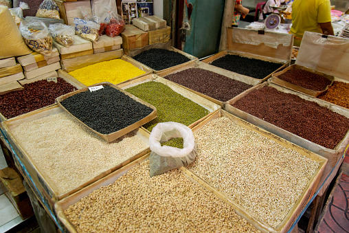A range of different beans and pulses for sale on a local market in China town, Bangkok.